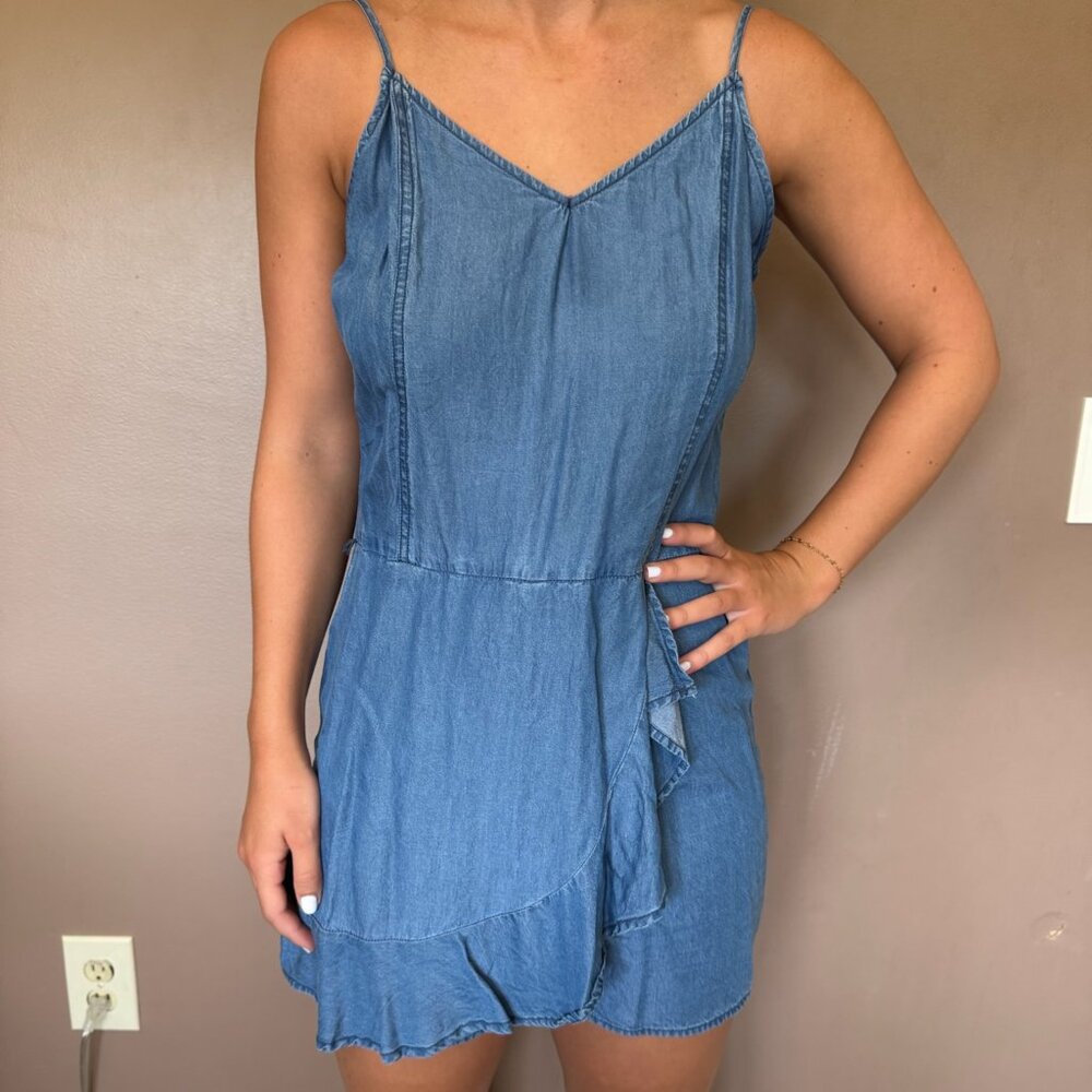 1250°C Chambray Wrap-Style Ruffle Hem Romper – Size S